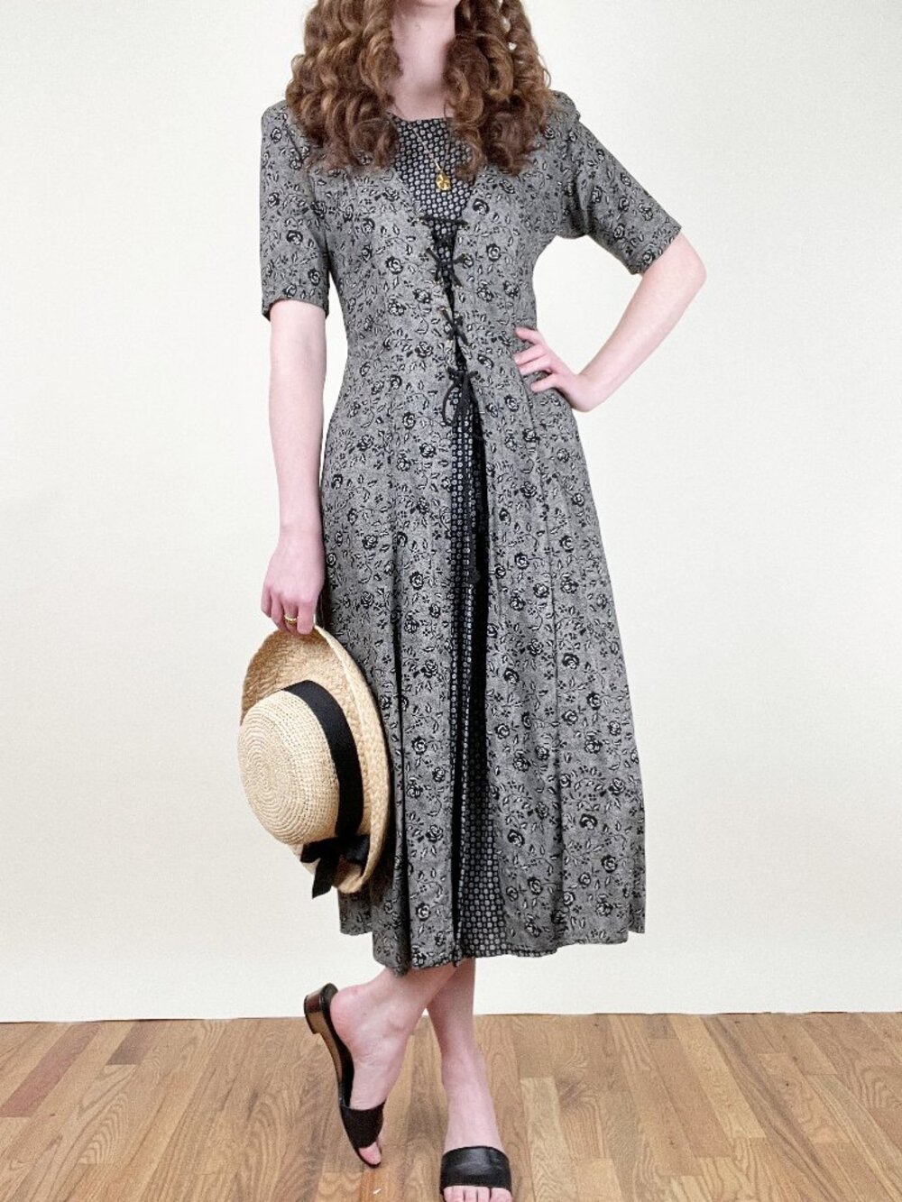 Vintage Lace Up Midi Dress Whimsigoth Corset Grunge Cottagecore Prairie Witchy - Picture 5 of 9